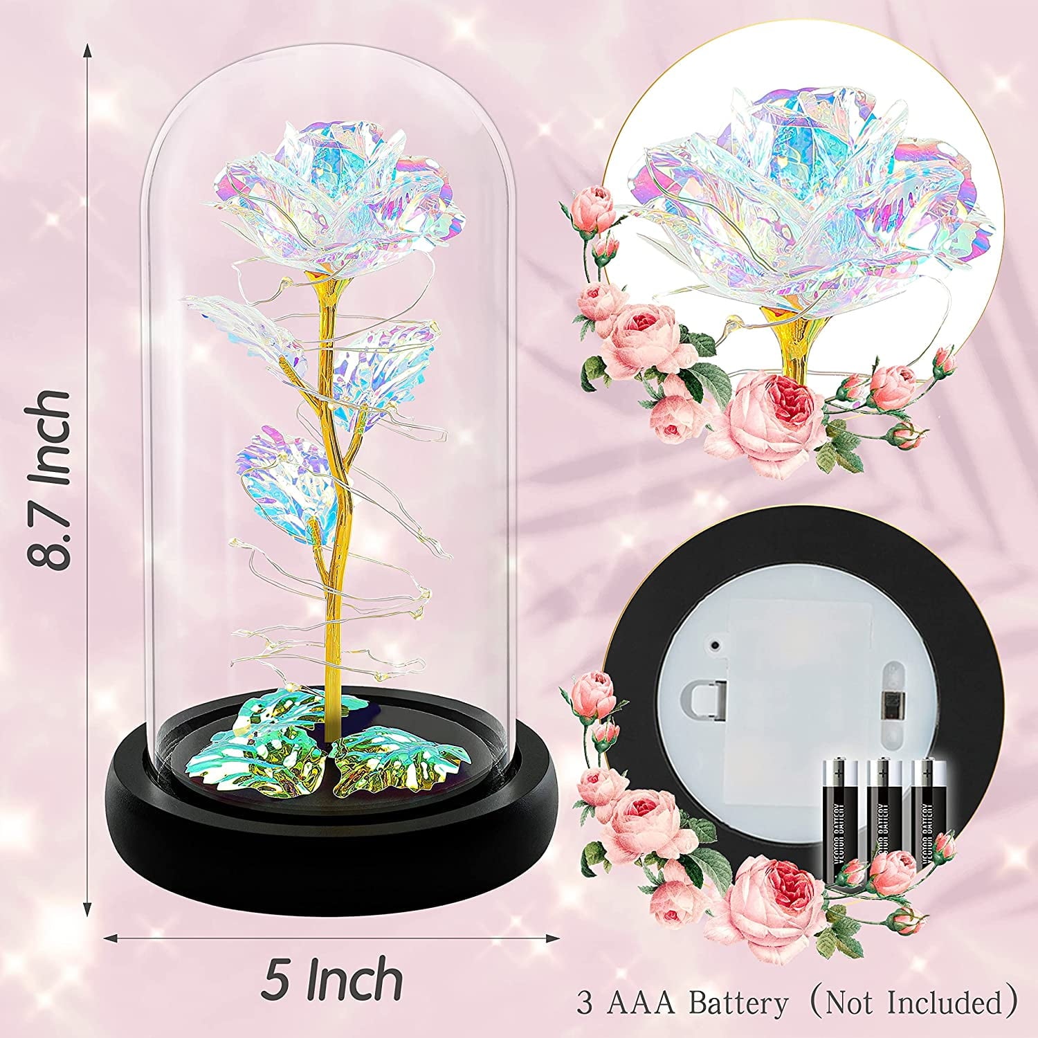 Roses Gifts for Women, Mom Birthday Gifts, Colorful Artificial Flower Rose Light Gift in a Glass Dome, Gifts for Daughter Women Mom Rose Gifts for Mothers Day, Valentines Day, Anniversary