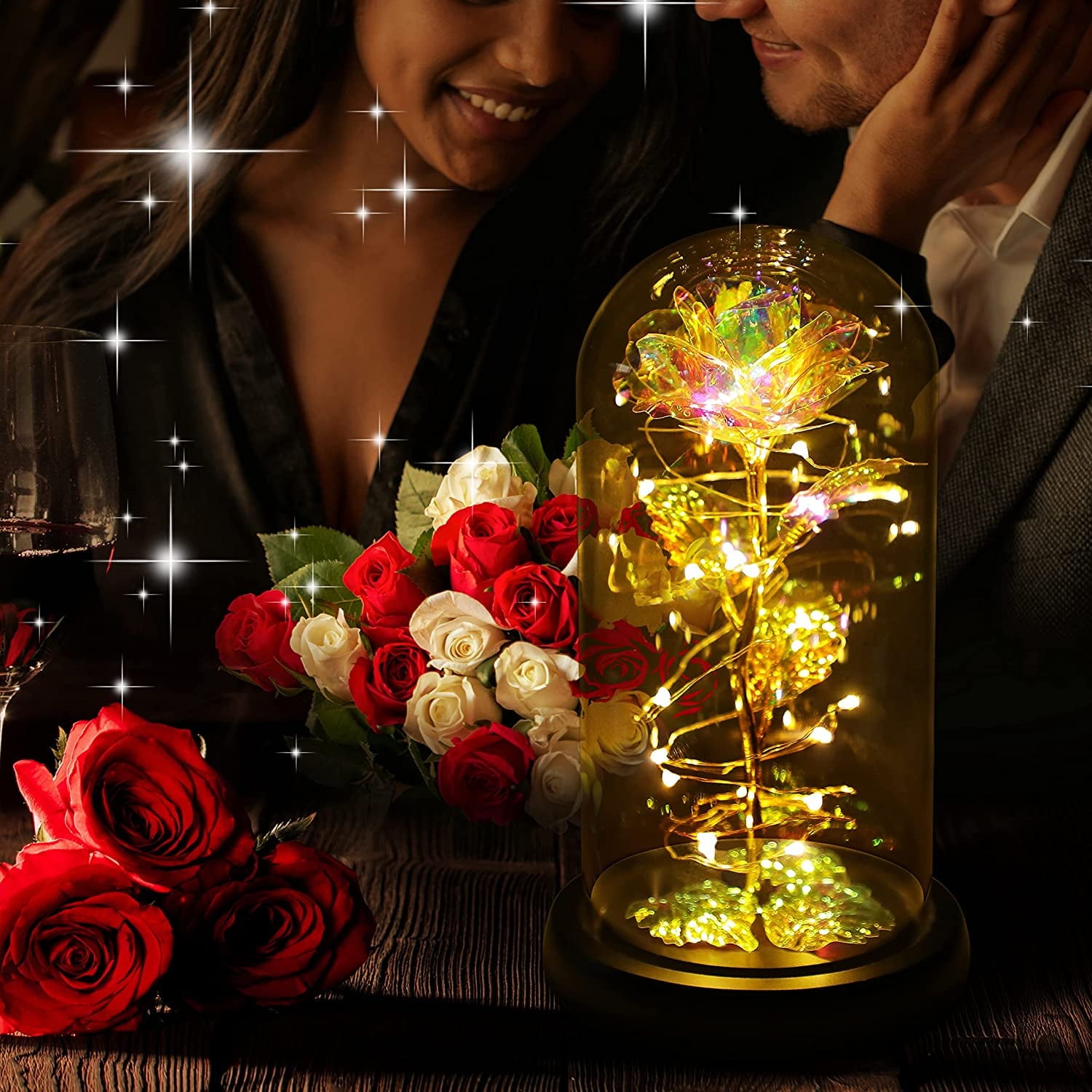 Roses Gifts for Women, Mom Birthday Gifts, Colorful Artificial Flower Rose Light Gift in a Glass Dome, Gifts for Daughter Women Mom Rose Gifts for Mothers Day, Valentines Day, Anniversary