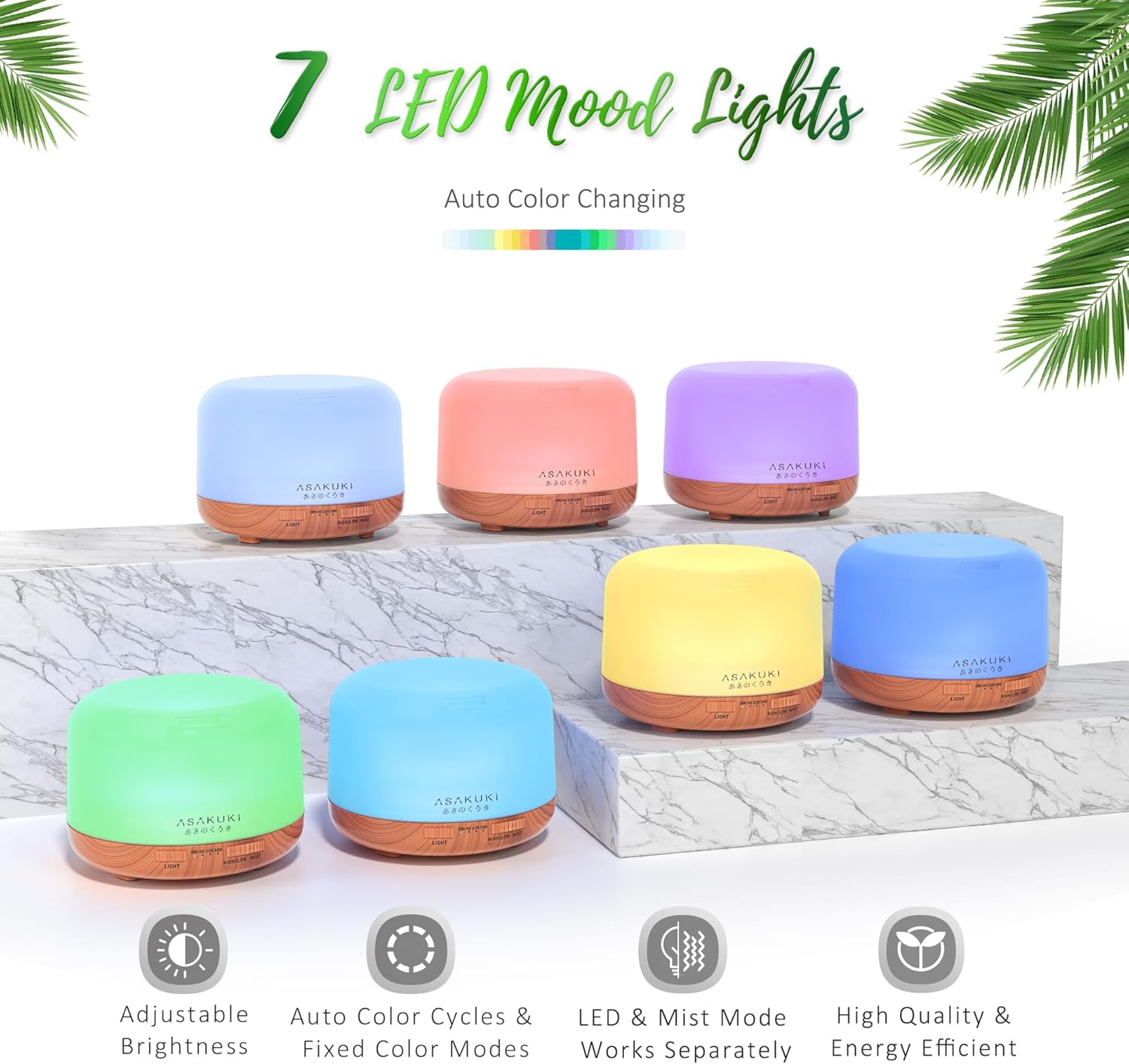 Oil Diffuser with Essential Oils Set, 500Ml Aromatherapy Humidifier with 14 LED Colors & Auto Shut-Off - 6 Oil Gift Pack(Lavender Eucalyptus Tea Tree Orange Peppermint Lemongrass)
