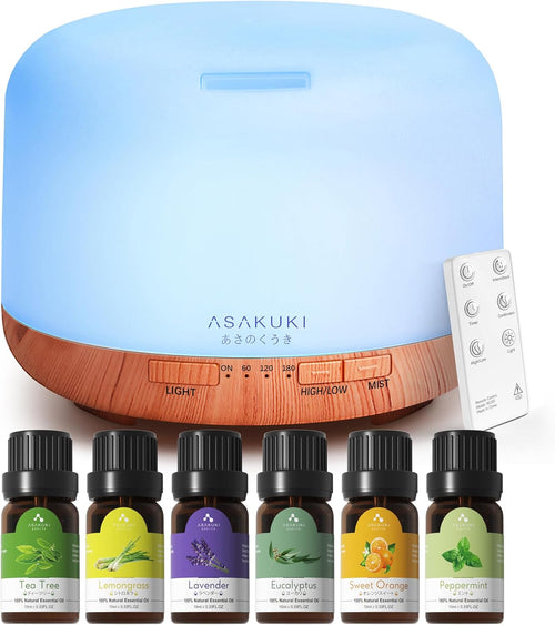 Oil Diffuser with Essential Oils Set, 500Ml Aromatherapy Humidifier with 14 LED Colors & Auto Shut-Off - 6 Oil Gift Pack(Lavender Eucalyptus Tea Tree Orange Peppermint Lemongrass)