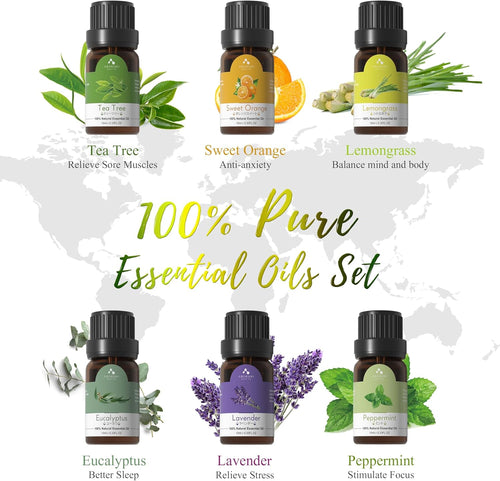 Oil Diffuser with Essential Oils Set, 500Ml Aromatherapy Humidifier with 14 LED Colors & Auto Shut-Off - 6 Oil Gift Pack(Lavender Eucalyptus Tea Tree Orange Peppermint Lemongrass)